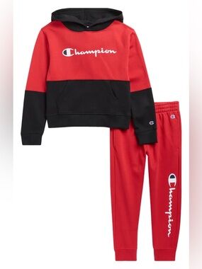 Champion Kids Red and Black Logo Hoodie & Joggers Set